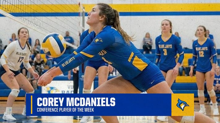 Lower third template with volleyball action photo spanning full width, dark blue and gold bar at bottom displaying player name and award title with team logo, designed for player spotlights and achievements