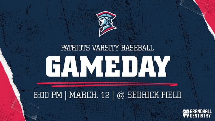 Gameday sports graphic template with a dark navy background, bold white text for team and event details, and space for a logo in the bottom right corner. Ideal for announcing events.