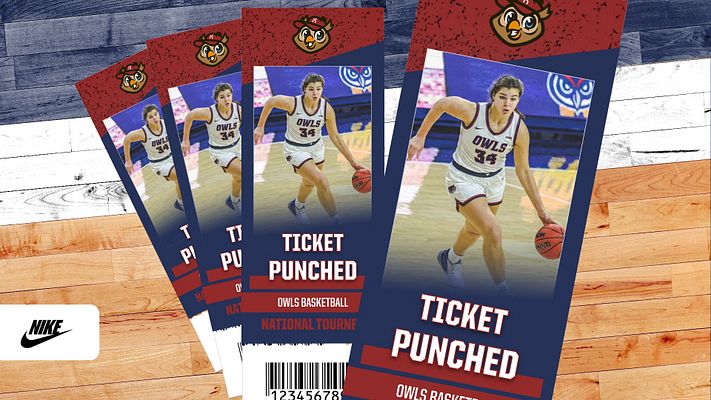 Multi-format ticket template featuring basketball player photos with navy and red color scheme, golden tournament badge elements, and large 'TICKET PUNCHED' text. Designed for landscape, Instagram, and story formats to highlight post-season qualification and tournament achievements.