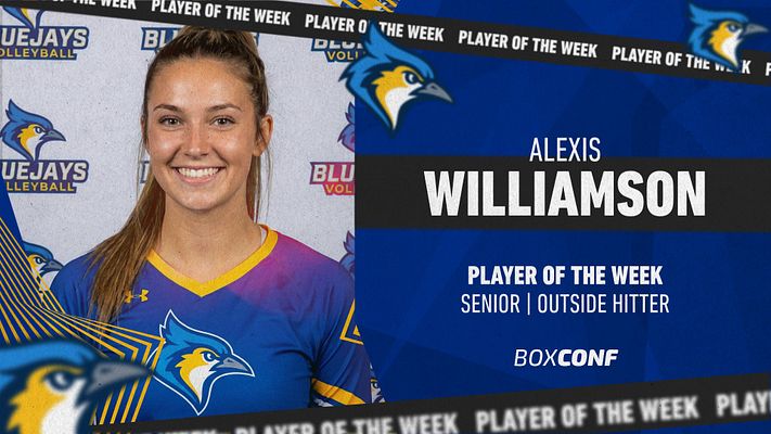 Player spotlight template with player photo on left and blue background with 3D ribbon design elements. Text areas for player name, position, and award title on right side. Multi-format graphic in landscape, square, and story sizes.