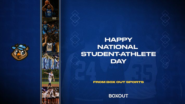 Gallery template for National Student Athlete Day featuring a color background, photo placeholders, bold white text in the center, and a logo at the bottom.
