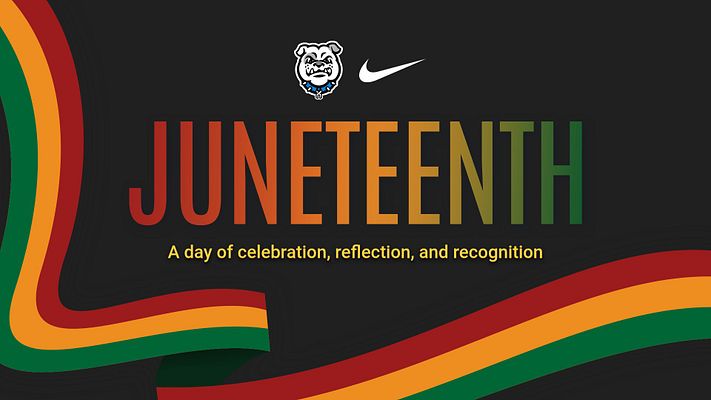 Juneteenth commemorative template with dark charcoal background, bold rainbow-gradient 'JUNETEENTH' text, decorative Pan-African stripe borders in red, gold, and green, inspirational tagline, and logo placement areas across multiple social media formats