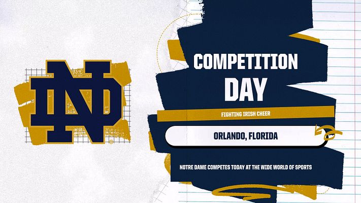 Cheerleading competition template with navy and gold color scheme, featuring large logo on left, bold headline area with geometric shapes, and sections for team name, location, and event details on right side