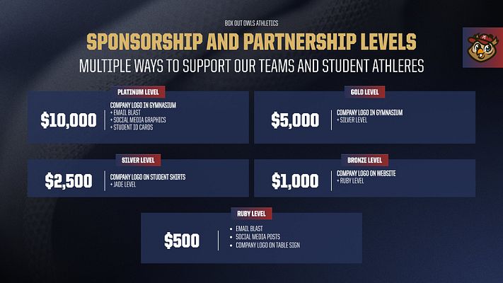 Sponsorship levels template featuring a purple background with tiered pricing structure for youth volleyball sponsorships. Sections for each level with logos and benefits listed clearly.