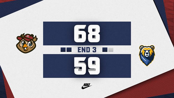 Score update template with a bold, 3D text design showing scores for two teams, logos on either side, and space for quarter updates, set on a red and navy background.