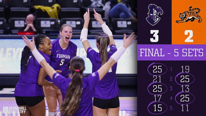 Volleyball set update template featuring a vibrant layout with team scores, set results on the right, and a celebratory player photo on the left. Purple and orange color scheme.