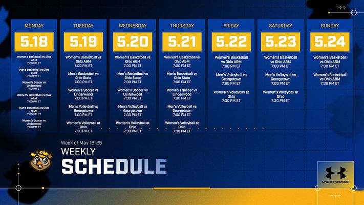 Weekly schedule template in a grid layout with dark blue background, days of the week listed vertically, game details below, and team logo in the bottom right.