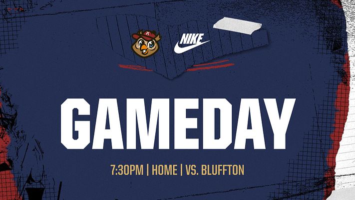 Multi-format game day template with dark blue background, bold white "GAMEDAY" headline, team logo, Nike logo placement, and gold text for game time and opponent details. Designed for landscape, Instagram, and story formats.