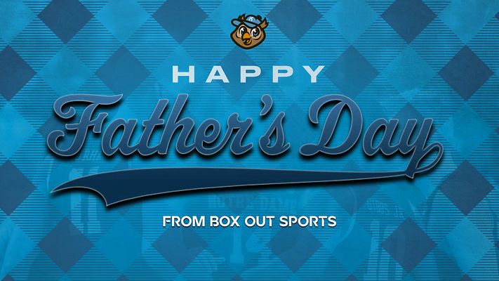 Father's Day sports template with blue diamond pattern background, bold script text reading 'Happy Father's Day', team logo at top, and space for custom branding. Available in landscape, Instagram portrait, and story formats.