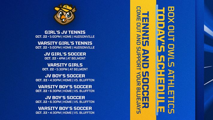 Event schedule template with deep blue background, team logo at top, left side listing multiple sports events with dates and times, right side featuring bold yellow vertical banners with text, designed for social media sharing across multiple platforms