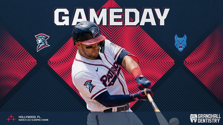 Multi-format gameday template with dark blue and pink chevron pattern background, large player photo in center with team logos on sides, bold GAMEDAY text at top, and location/date and sponsor logo placeholders at bottom