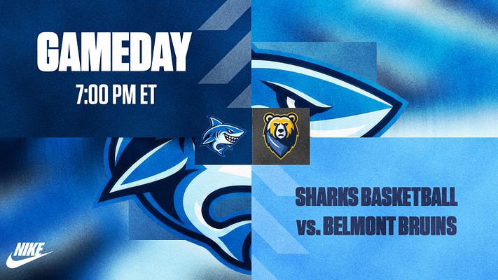 Match day template with blue gradient background, large white MATCH DAY heading, time line, shark mascot graphics, team logo spaces, and text placeholder in lower right.