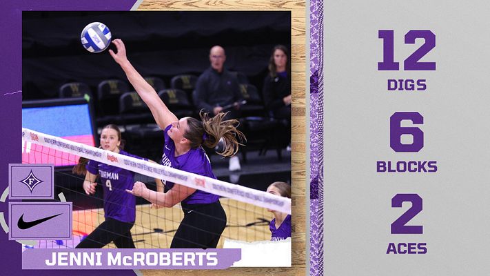 Player of the Match template in landscape format featuring large player photo on left, name at bottom, and statistics (digs, blocks, aces) on the right, purple and wood textures.