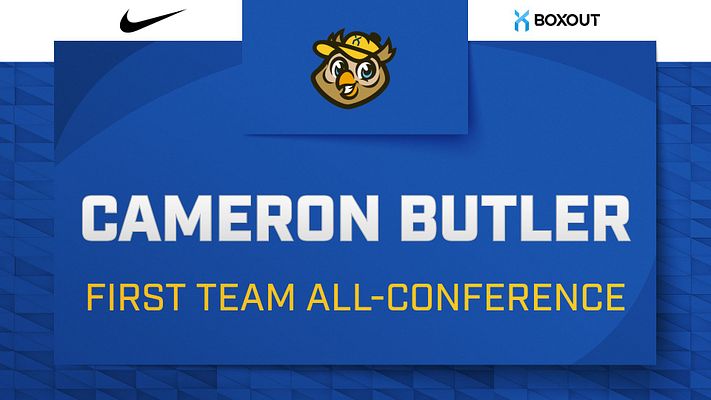 Player spotlight announcement template with bold blue background, team logo at top center, large white player name text, and gold subheading describing achievement. Features brand logos on top corners and modern diagonal design elements.