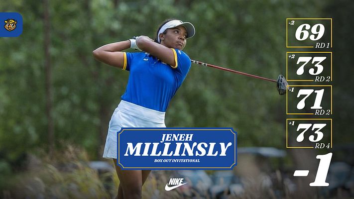 Golf score template featuring a large player photo on the left, dark blue name banner with statistics and round scores on the right, clean layout for social media.