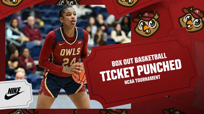 Multi-format basketball tournament template with bold red background, large player photo on left, cartoon owl logos in corners, and white text reading "Box Out Basketball Ticket Punched NCAA Tournament" on right. Includes Nike logo placement and ticket-themed design elements.