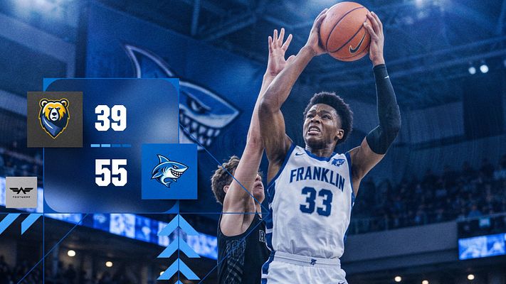 Basketball score update template with a large player photo on the right and a blue left-side scoreboard featuring team logos and bold scores.