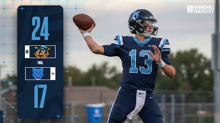 Score update template with navy blue sidebar displaying large score numbers, team logos, and 'Final' label. Large player action photo on right side. Available in landscape, Instagram, and story formats for halftime and final score posts.