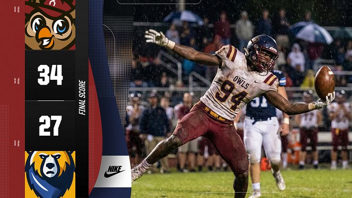 Minimalistic multi-format score template with team logos on left sidebar, large numerical scores (34 and 27) with team names, action photo of football player on right, and clean modern design optimized for social media sharing across landscape, Instagram, and story formats