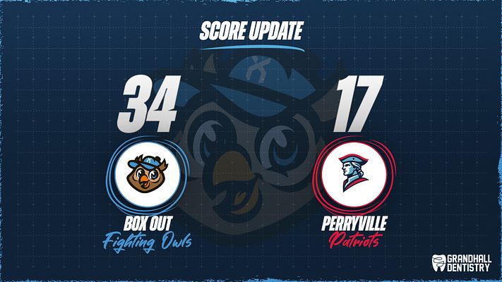 Score update template featuring a dark blue background with team logos on either side, large score numbers in the center, and score text at the top.