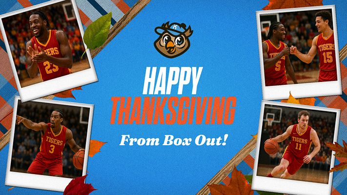 Thanksgiving holiday sports template with bright blue background, festive table runner design with warm orange and brown textures, team logo at top, polaroid-style photo frames in corners, and customizable text for holiday messaging