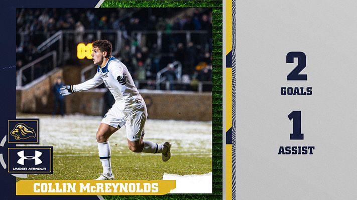 Player of the Match soccer template with player photo on left side, green grass border detail, navy and gold color scheme, player name banner at bottom, and statistics section on right displaying goals and assists