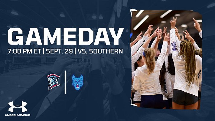 Gameday template with dark blue background featuring large 'GAMEDAY' text, event details on left, and action photo on right showing athletes celebrating. Designed for sports announcements.