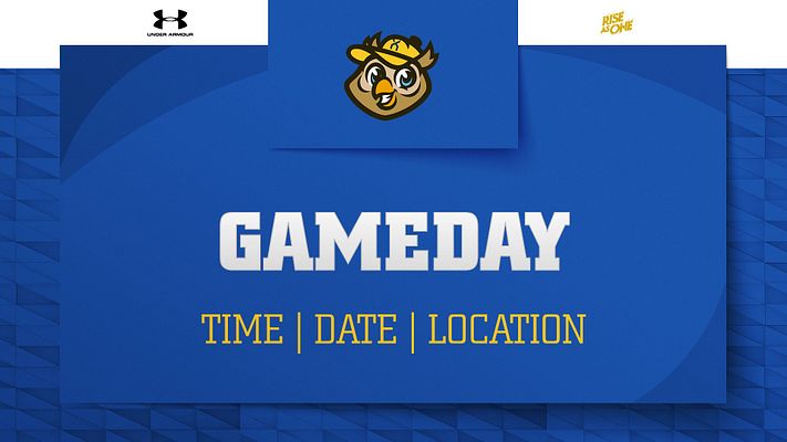 Announcement template with blue background, bold 'GAMEDAY' text centered, space for time, date, and location below, featuring logo area at top and supporting text area.