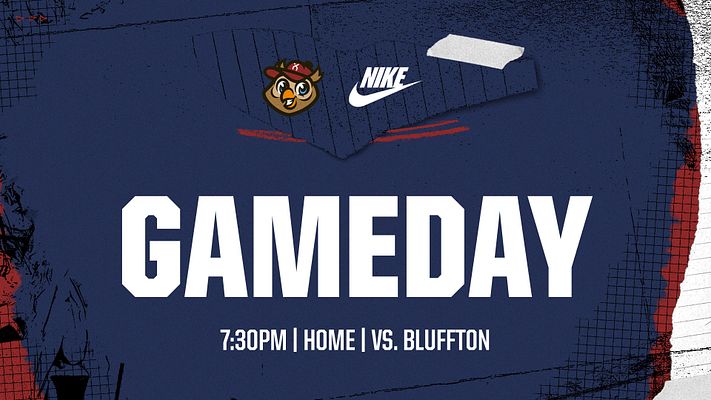 Multi-format game day template with dark blue background, bold white "GAMEDAY" headline, team logo, Nike logo placement, and gold text for game time and opponent details. Designed for landscape, Instagram, and story formats.