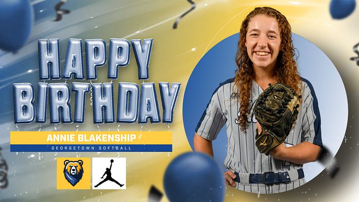 Happy Birthday celebration template featuring blue and yellow color scheme with large player photo in circular frame, bold blue and white text saying 'HAPPY BIRTHDAY,' name banner, team logos, and festive blue balloons floating across background.