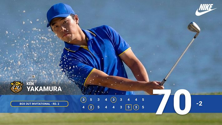 Golf scorecard template featuring a golfer in action against a blue sky background, with player name and tournament title on left, detailed scoring grid showing hole-by-hole results in center, and large score total display on right. Includes logo placement and designed for social media sharing.