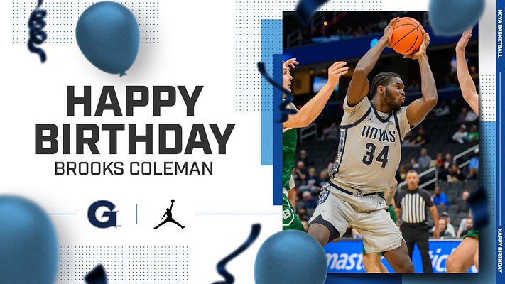 Birthday celebration template with left side featuring large blue balloons and 'Happy Birthday' text with player name area, right side showing player photo space over blue geometric background with team logos and decorative elements