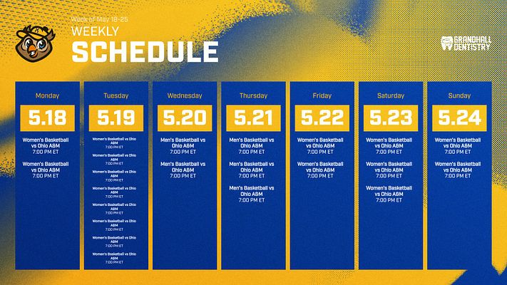 Weekly schedule template with seven yellow day columns on blue background. Each column displays day name, date, and multiple event listings. Club logo on left, organizational logo on right, textured blue-to-yellow gradient backdrop.