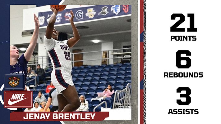 Player stats template with navy background featuring large action photo area on left, player name banner below, and right side displaying statistics in bold text including points, rebounds, and assists. Branded logos and stripe design elements frame the layout.