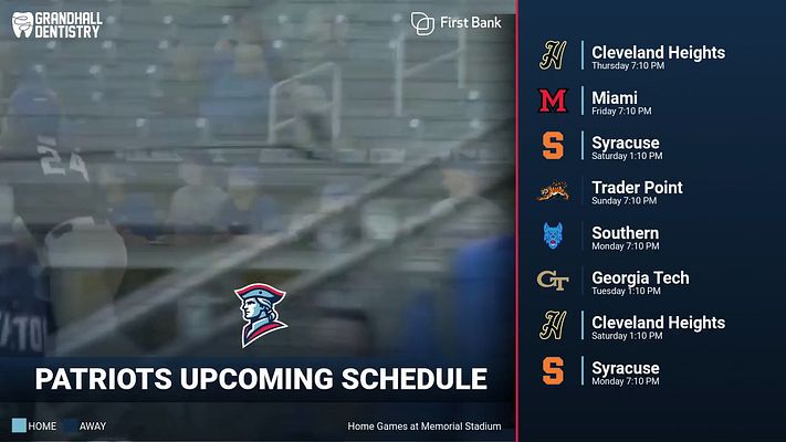 Vertical schedule template with split layout: left side features video placeholder with team logo and title area, right side displays upcoming games in grid format with opponent logos, team names, and game times against green background