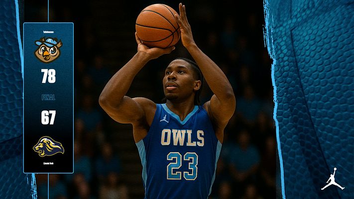 Basketball score template featuring a player shooting against a textured blue court background. Left side displays team logos and final score in white text. Designed for game updates, halftime reports, and social media sharing across landscape and portrait formats.