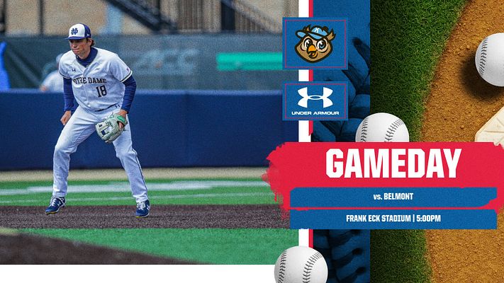 Gameday template featuring a player in a white jersey on the left, team logos above. Right side has a red section for game details against Belmont and sports imagery.