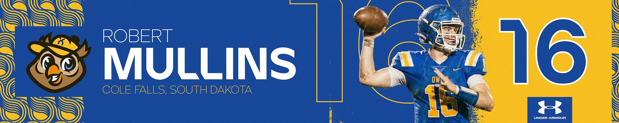 Locker sign template in landscape format featuring navy and gold split design with team logo on left, player name and location in center, player photo, and jersey number on right side for displaying athlete information on locker frames