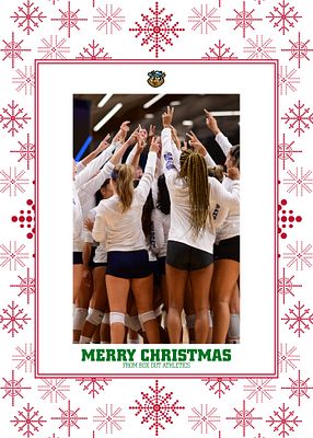Portrait-oriented holiday card template featuring snowflake borders, a team photo in the center, and text 'MERRY CHRISTMAS' along with branding at the top.