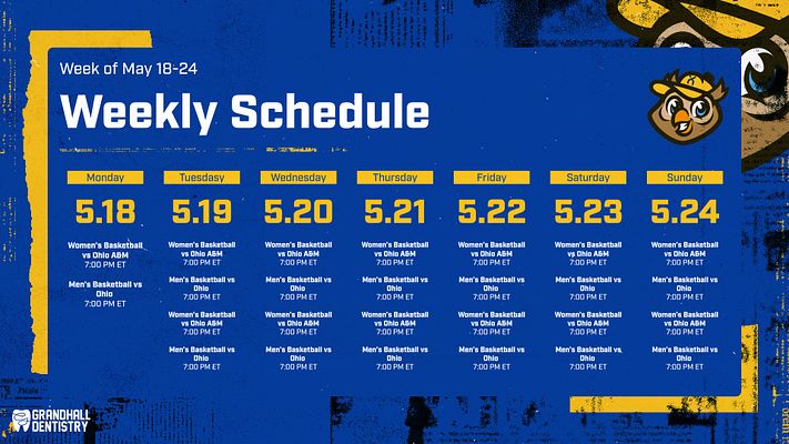Weekly schedule template with blue background, large title at the top, and day columns listing events with dates and times, suitable for newspaper layouts.