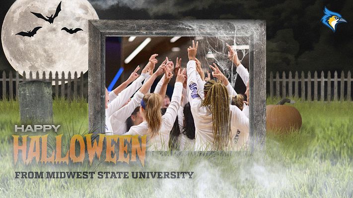 Halloween-themed graphic featuring a spooky moon and bats, with a central photo placeholder. Bold 'Happy Halloween' text and a pumpkin enhance the festive feel, ideal for social media posts.