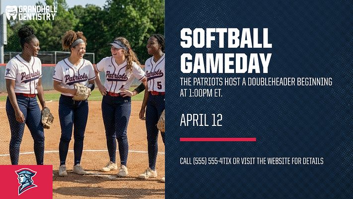 Game and ticket promotion template with landscape layout, featuring player images on the left, large text for game details on the right, and contact info at the bottom.