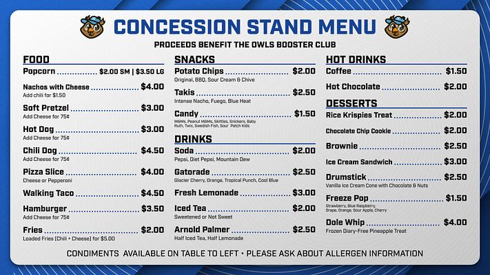 Landscape concessions display template featuring a blue background, divided sections for food, snacks, drinks, and desserts, with a logo at the top and prices listed clearly.