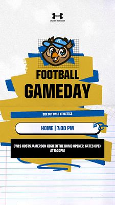 Vertical gameday motion template with a notebook-style background, featuring a central owl logo, bold 'Football Gameday' title, game details below, and colorful accents.