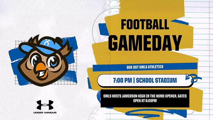 Landscape motion template for football game day graphics with blue and gold color scheme. Features mascot character on left, bold "FOOTBALL GAMEDAY" title on right, team logo area, time and location banner, event details section, and sponsor placement. Designed for widescreen video highlights and announcements.