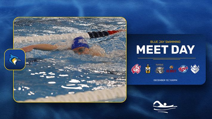 Swimming meet day template with a blue aquatic background, featured swimmer image on the left, event details on the right, and team logos below the title.
