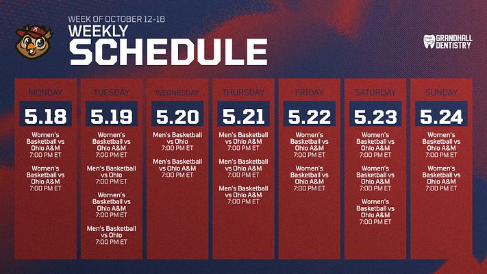 Weekly schedule template with seven yellow day columns on blue background. Each column displays day name, date, and multiple event listings. Club logo on left, organizational logo on right, textured blue-to-yellow gradient backdrop.
