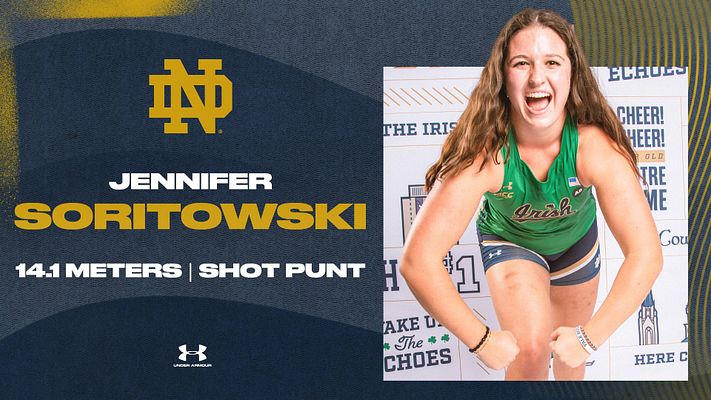 Track and cross country athlete spotlight template with navy and gold color scheme, featuring large athlete photo on right, team logo on left, and text areas for athlete name, event, and performance statistic below