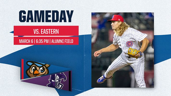 Gameday template with textured beige background, bold blue 'GAMEDAY' title, player photo on right, team logos on left, and game details below in red banner.