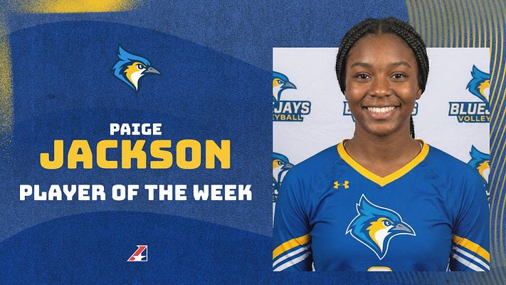 Player spotlight template with blue and gold color scheme featuring large player photo on right, player name and award title on left, team logo elements, and geometric accent lines across the background